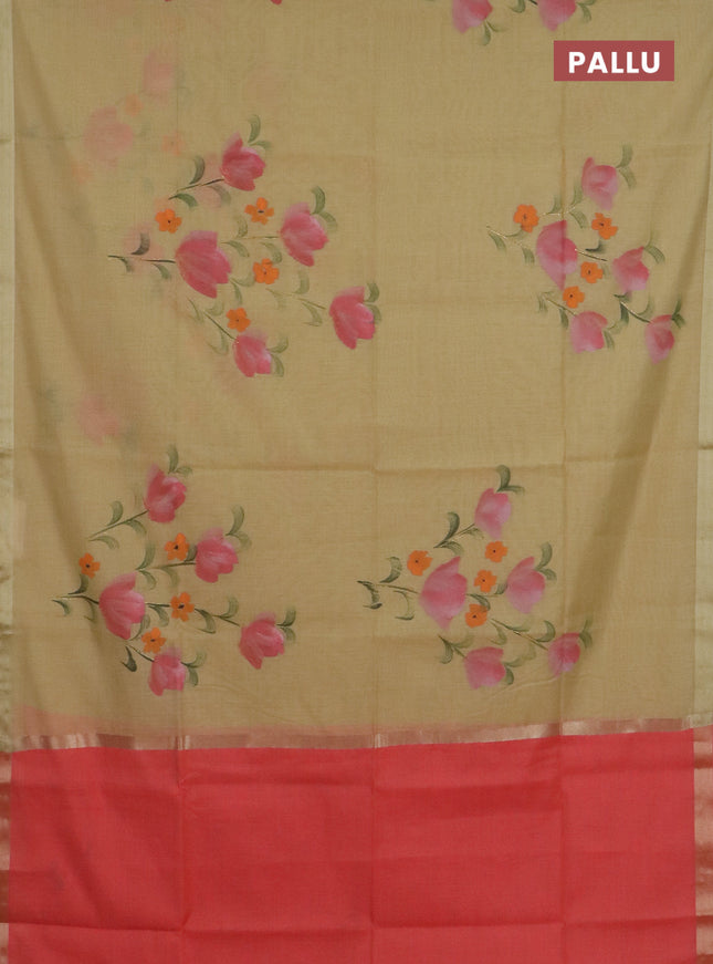 Linen cotton saree sandal and peach shade with floral hand paint prints and zari woven border