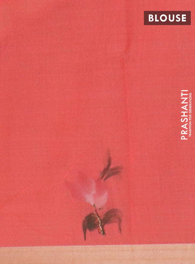 Linen cotton saree sandal and peach shade with floral hand paint prints and zari woven border