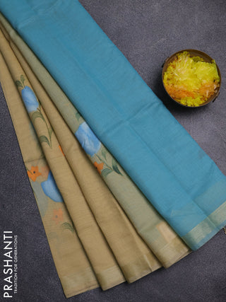 Linen cotton saree sandal and teal blue with floral hand paint prints and zari woven border