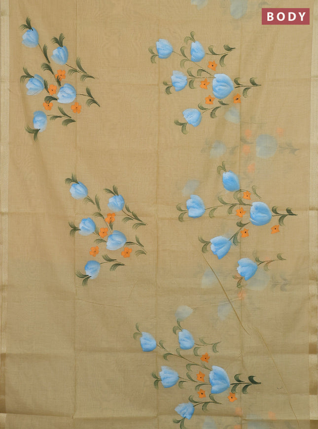 Linen cotton saree sandal and teal blue with floral hand paint prints and zari woven border