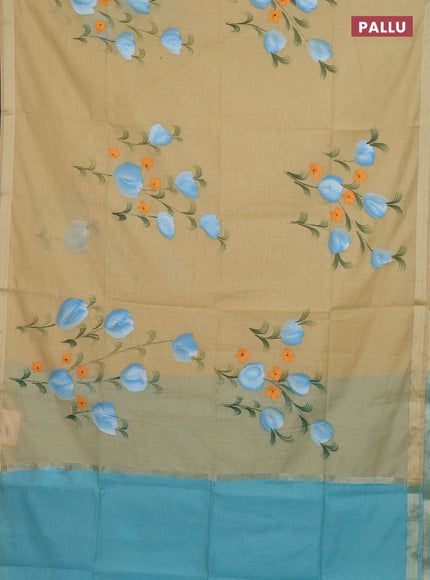 Linen cotton saree sandal and teal blue with floral hand paint prints and zari woven border