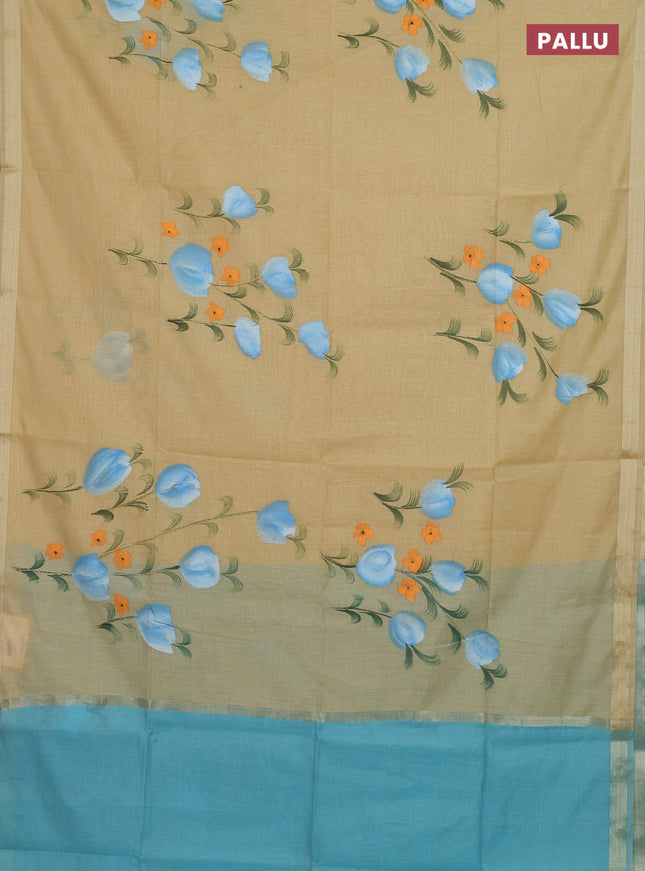 Linen cotton saree sandal and teal blue with floral hand paint prints and zari woven border
