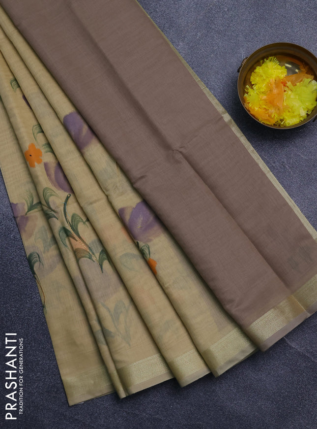Linen cotton saree sandal and beige with floral hand paint prints and zari woven border