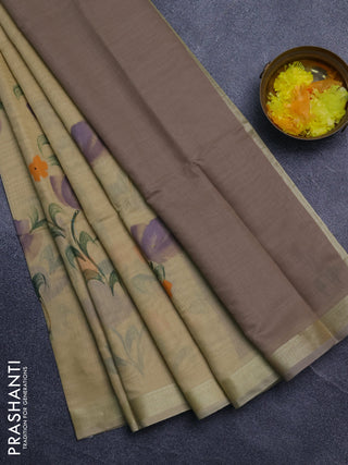 Linen cotton saree sandal and beige with floral hand paint prints and zari woven border