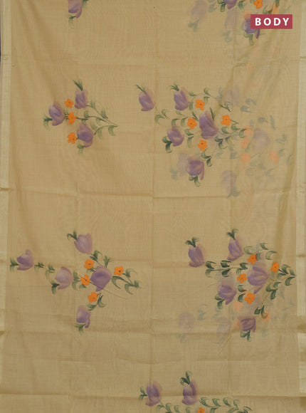 Linen cotton saree sandal and beige with floral hand paint prints and zari woven border