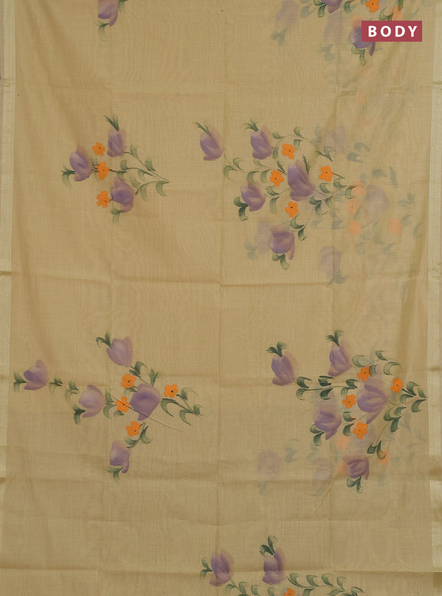 Linen cotton saree sandal and beige with floral hand paint prints and zari woven border