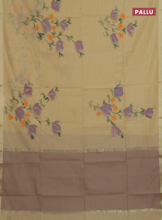 Linen cotton saree sandal and beige with floral hand paint prints and zari woven border