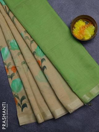 Linen cotton saree sandal and light green with floral hand paint prints and zari woven border