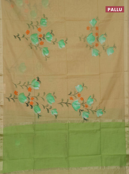 Linen cotton saree sandal and light green with floral hand paint prints and zari woven border