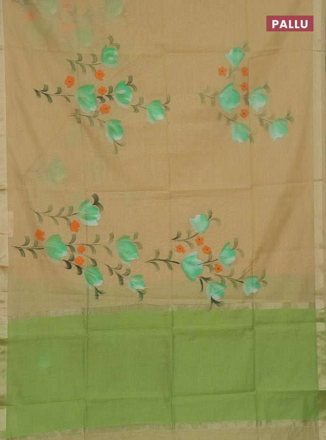 Linen cotton saree sandal and light green with floral hand paint prints and zari woven border