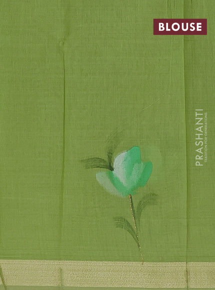Linen cotton saree sandal and light green with floral hand paint prints and zari woven border