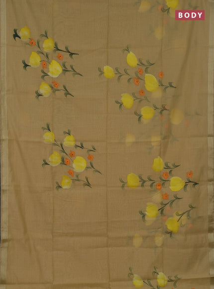 Linen cotton saree sandal and yellow with floral hand paint prints and zari woven border