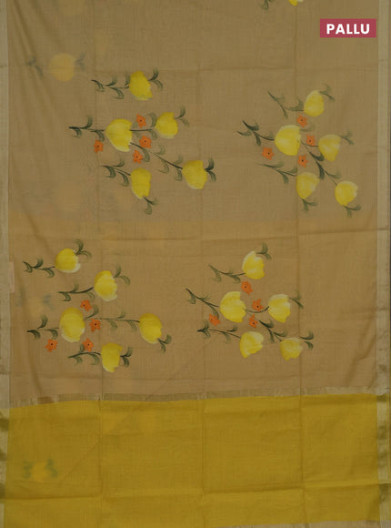 Linen cotton saree sandal and yellow with floral hand paint prints and zari woven border