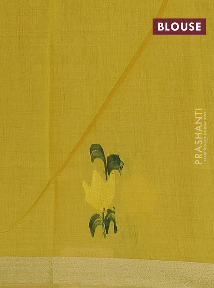 Linen cotton saree sandal and yellow with floral hand paint prints and zari woven border