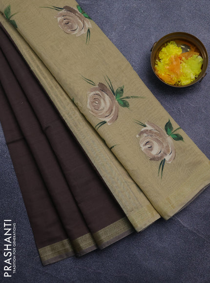 Linen cotton saree brown and sandal with plain body and hand painted pallu