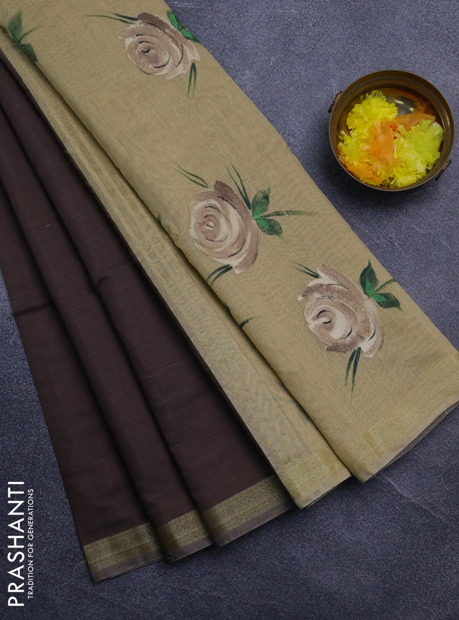 Linen cotton saree brown and sandal with plain body and hand painted pallu