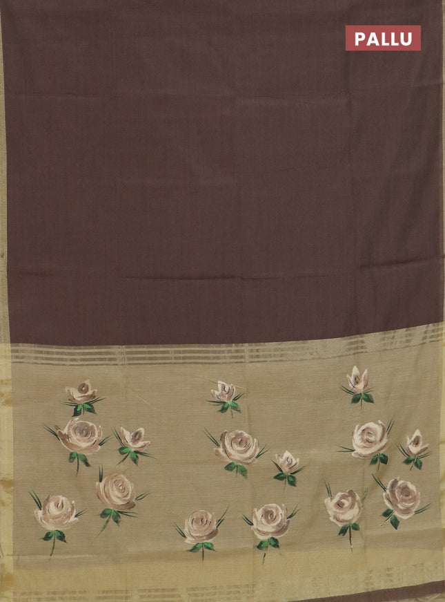 Linen cotton saree brown and sandal with plain body and hand painted pallu