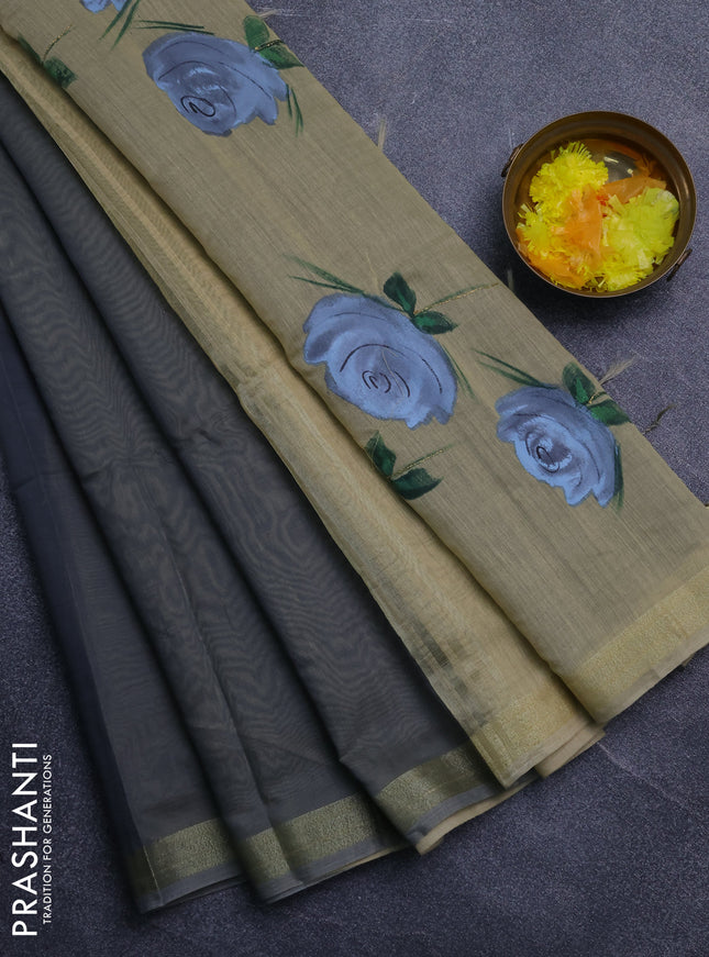 Linen cotton saree grey and sandal with plain body and hand painted pallu