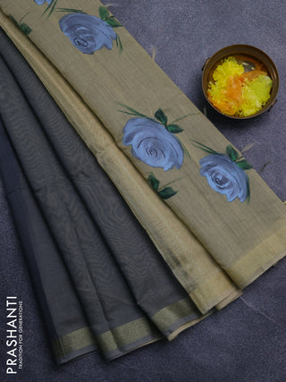 Linen cotton saree grey and sandal with plain body and hand painted pallu