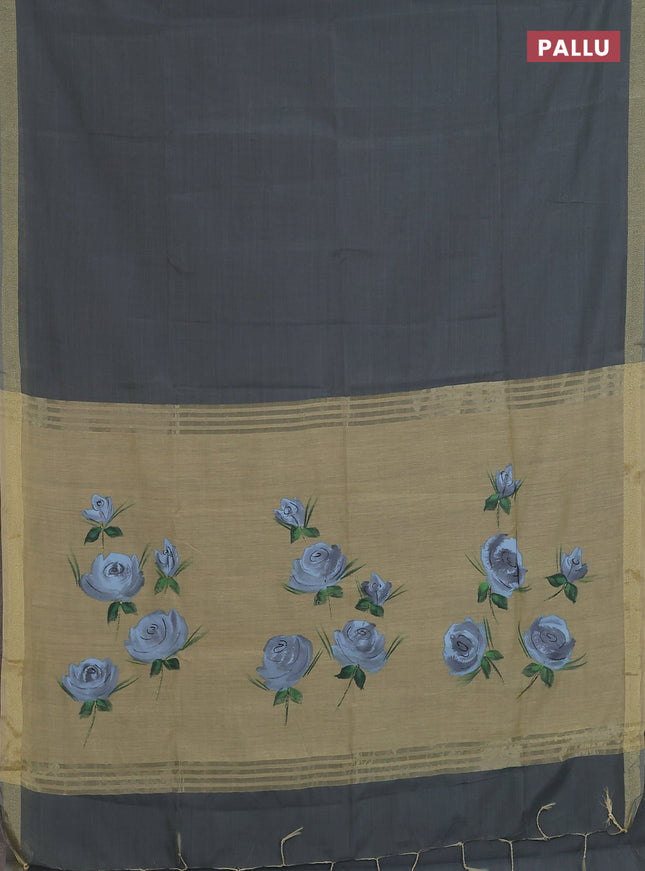 Linen cotton saree grey and sandal with plain body and hand painted pallu