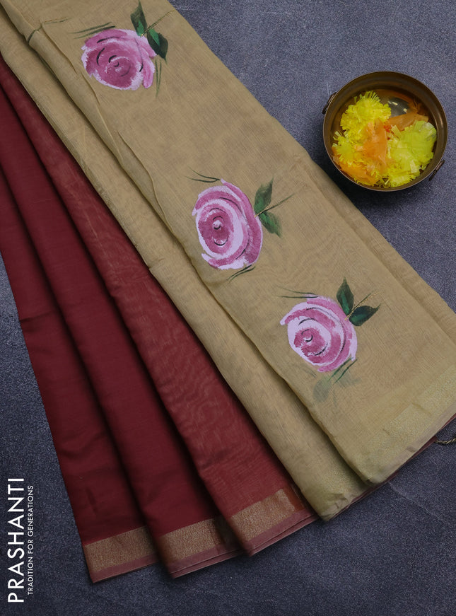Linen cotton saree maroon and sandal with plain body and hand painted pallu