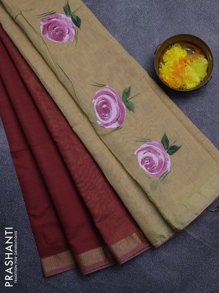 Linen cotton saree maroon and sandal with plain body and hand painted pallu