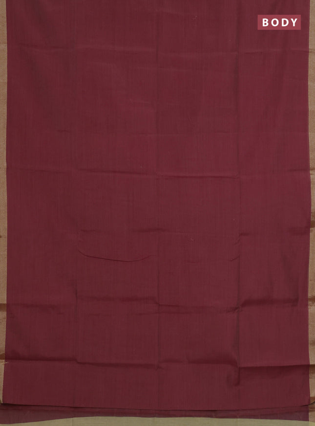 Linen cotton saree maroon and sandal with plain body and hand painted pallu