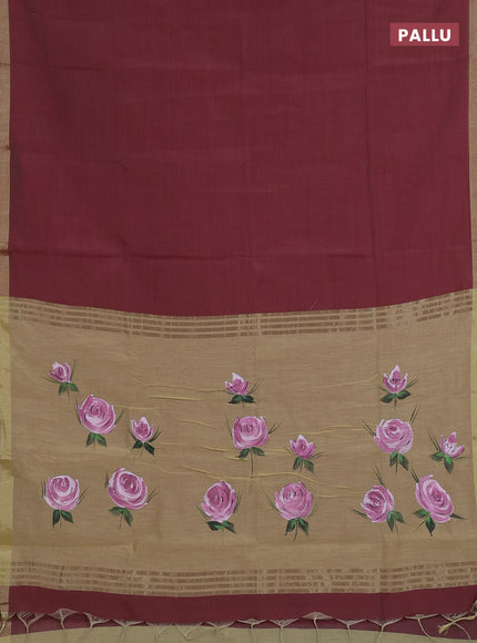 Linen cotton saree maroon and sandal with plain body and hand painted pallu