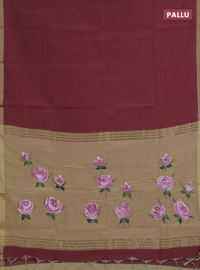Linen cotton saree maroon and sandal with plain body and hand painted pallu