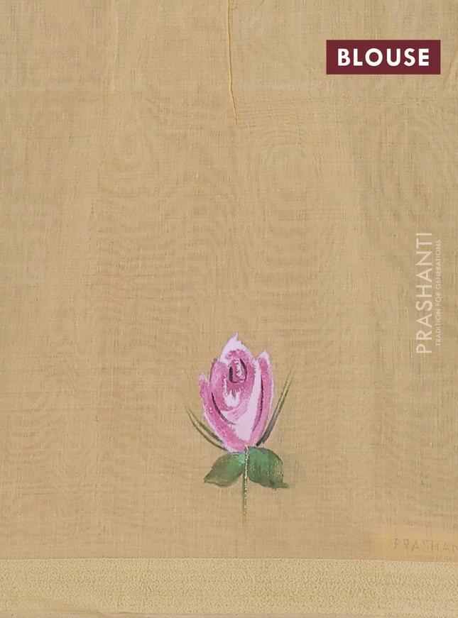 Linen cotton saree maroon and sandal with plain body and hand painted pallu