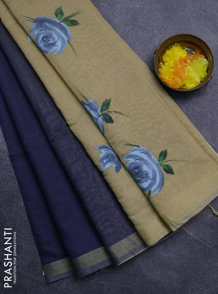 Linen cotton saree navy blue and sandal with plain body and hand painted pallu