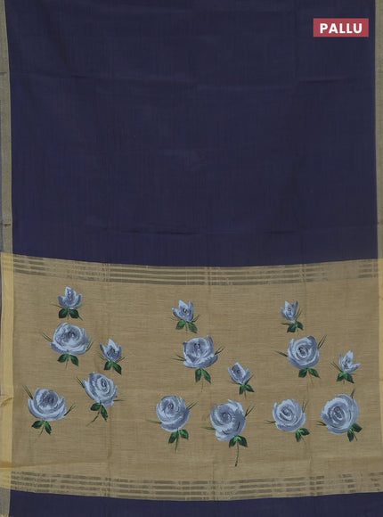 Linen cotton saree navy blue and sandal with plain body and hand painted pallu
