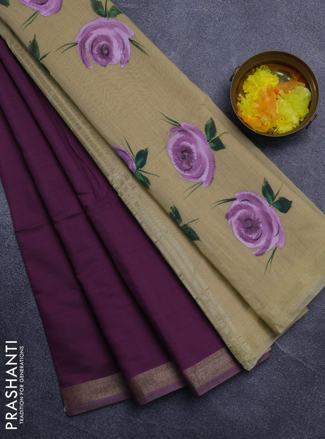 Linen cotton saree purple and sandal with plain body and hand painted pallu