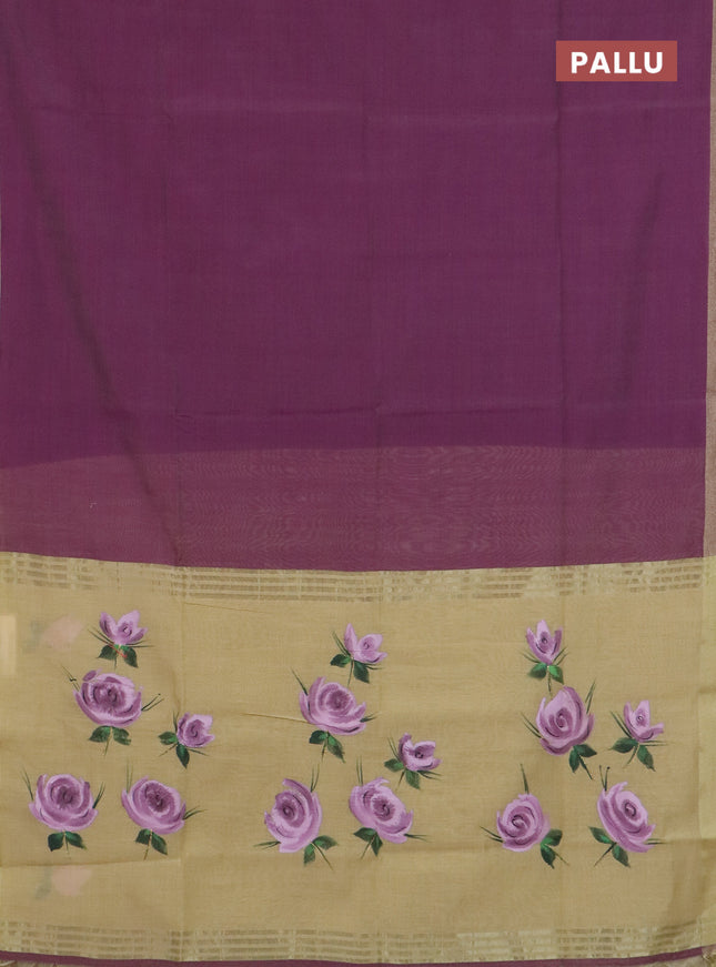 Linen cotton saree purple and sandal with plain body and hand painted pallu