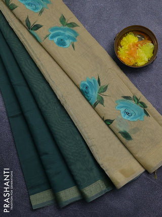 Linen cotton saree green and sandal with plain body and hand painted pallu