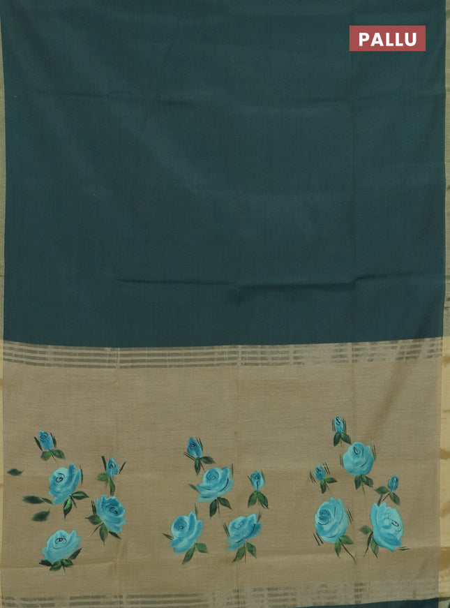 Linen cotton saree green and sandal with plain body and hand painted pallu