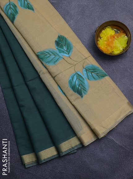 Linen cotton saree green and sandal with plain body and hand painted pallu