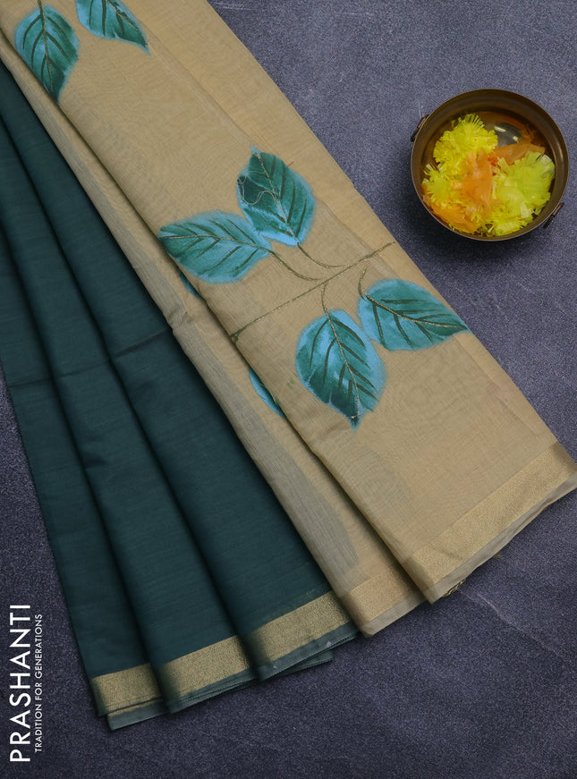 Linen cotton saree green and sandal with plain body and hand painted pallu