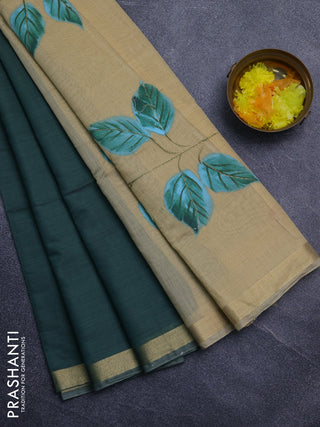 Linen cotton saree green and sandal with plain body and hand painted pallu