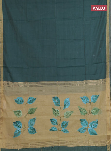 Linen cotton saree green and sandal with plain body and hand painted pallu