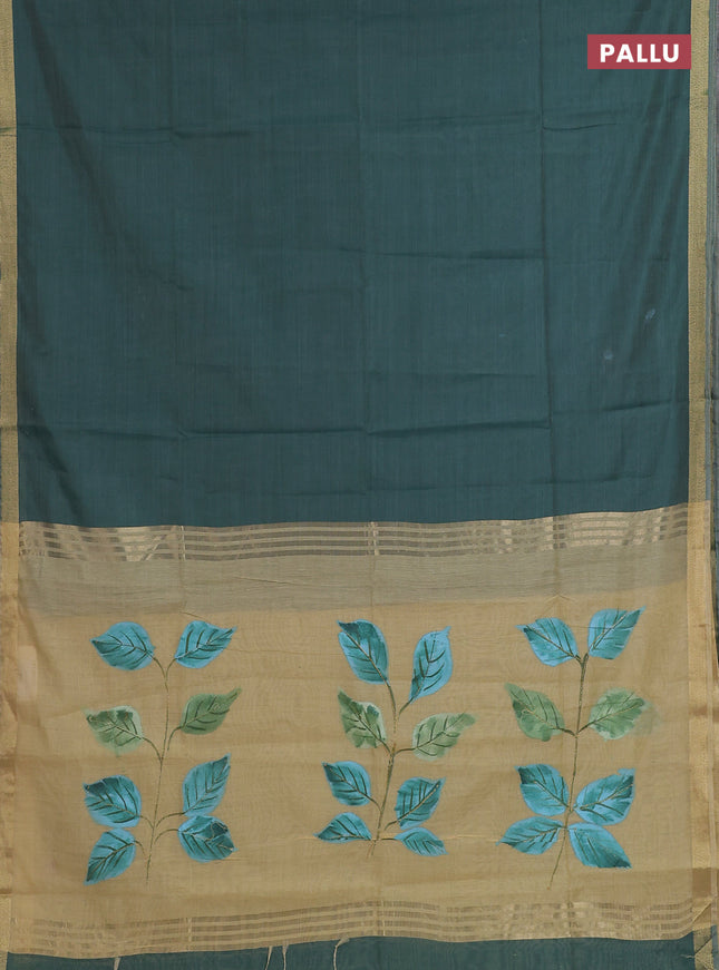 Linen cotton saree green and sandal with plain body and hand painted pallu