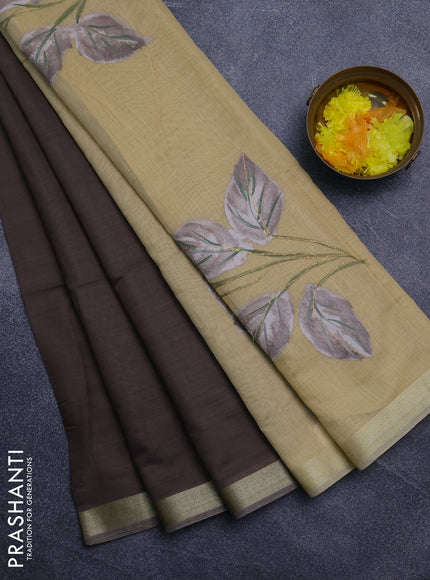 Linen cotton saree dark beige and sandal with plain body and hand painted pallu