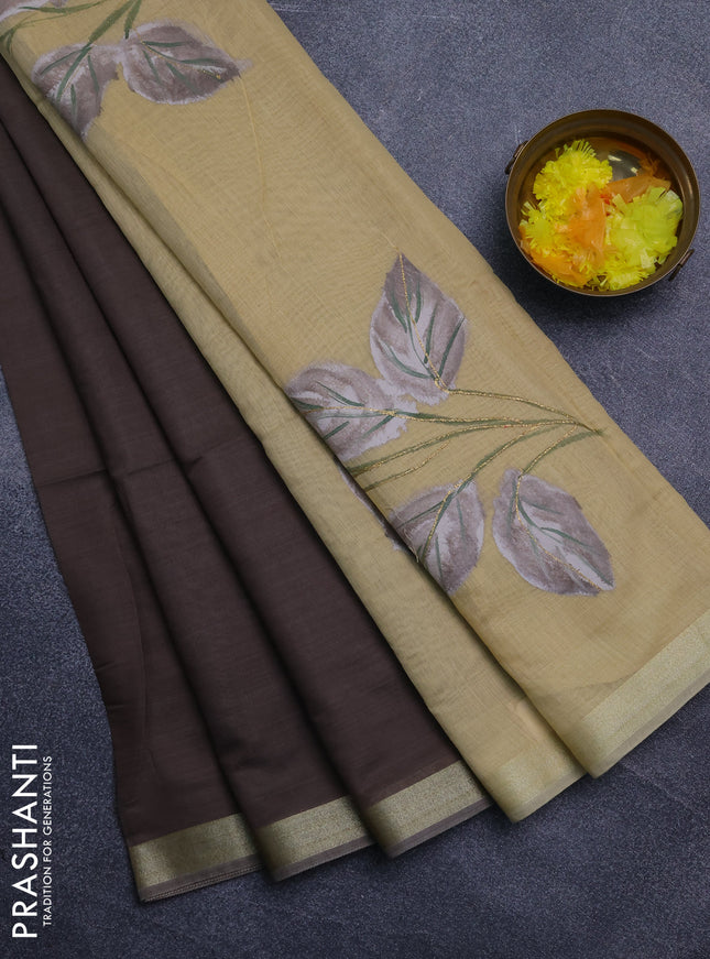 Linen cotton saree dark beige and sandal with plain body and hand painted pallu