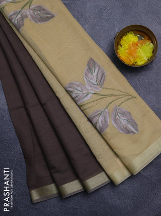 Linen cotton saree dark beige and sandal with plain body and hand painted pallu