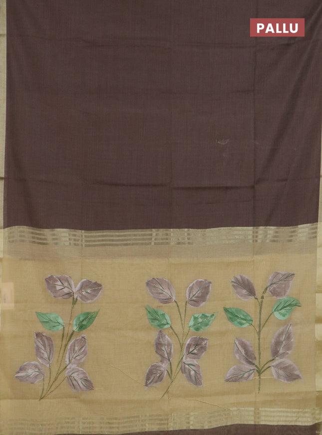 Linen cotton saree dark beige and sandal with plain body and hand painted pallu