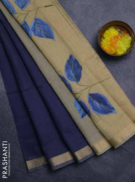 Linen cotton saree navy blue and sandal with plain body and hand painted pallu