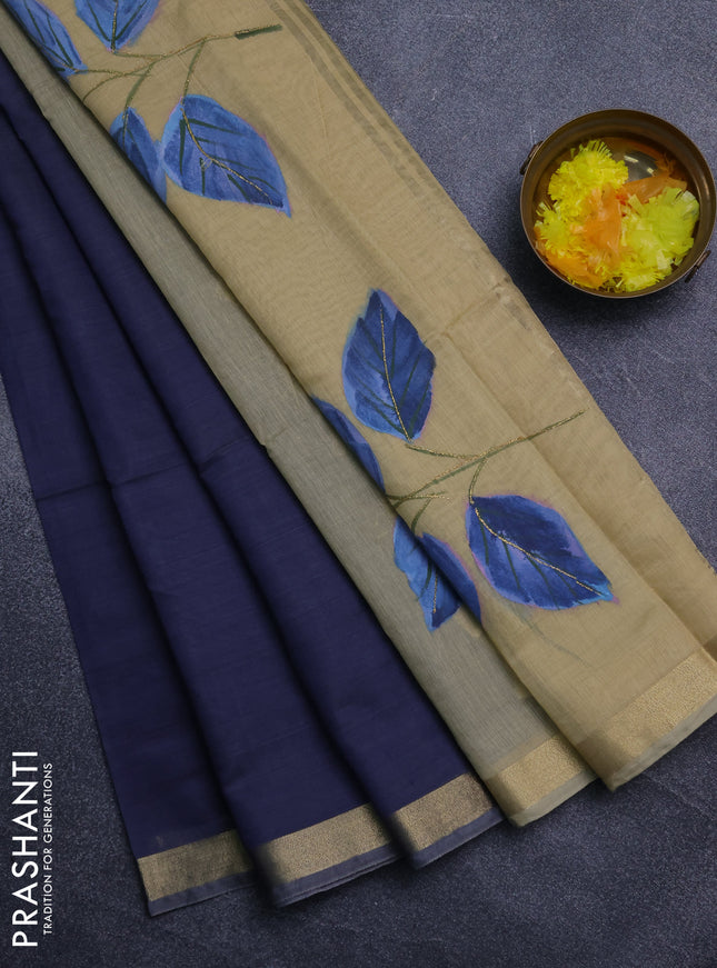 Linen cotton saree navy blue and sandal with plain body and hand painted pallu