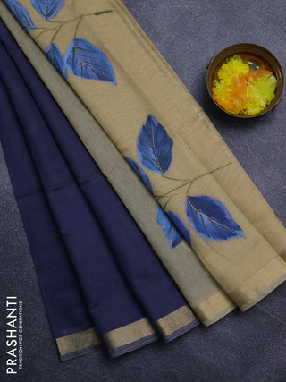 Linen cotton saree navy blue and sandal with plain body and hand painted pallu