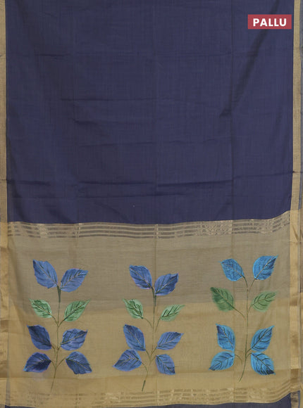 Linen cotton saree navy blue and sandal with plain body and hand painted pallu