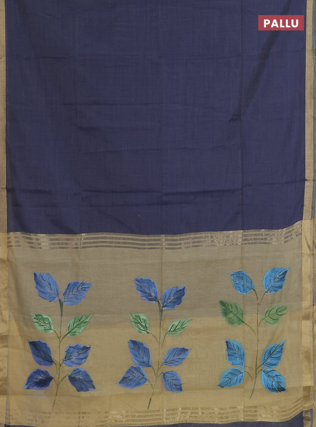 Linen cotton saree navy blue and sandal with plain body and hand painted pallu